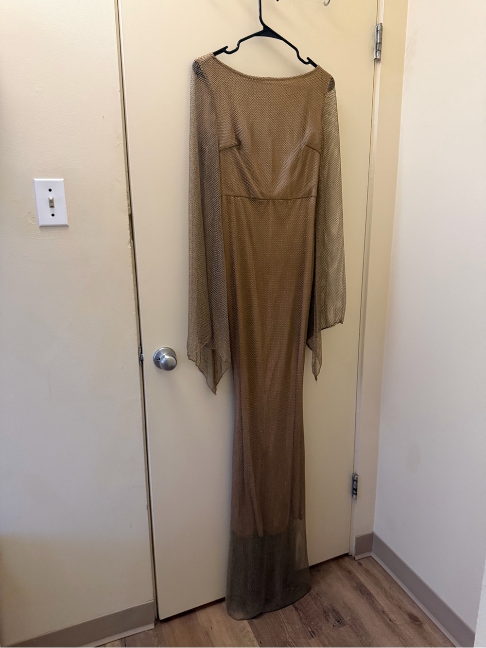 Mango Taupe Long Mesh Evening Dress with Sheer Cape Sleeves